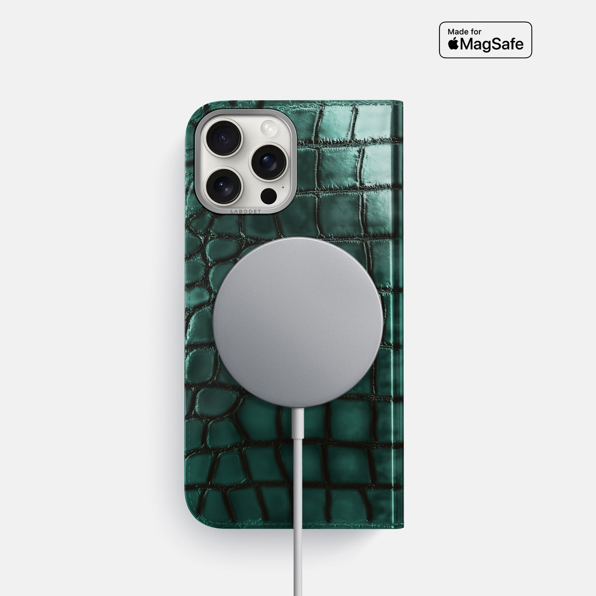 Green iPhone 16 Pro Folio Magsafe Case Patina Alligator with Steel Metal -3 | Green-Steel