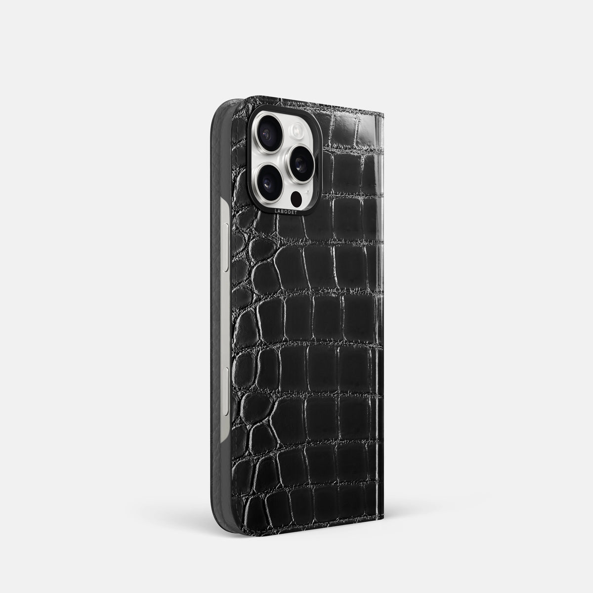 Havana-Black iPhone 16 Pro Folio Magsafe Case Patina Alligator with Black Metal -1 | Havana-Black-Black