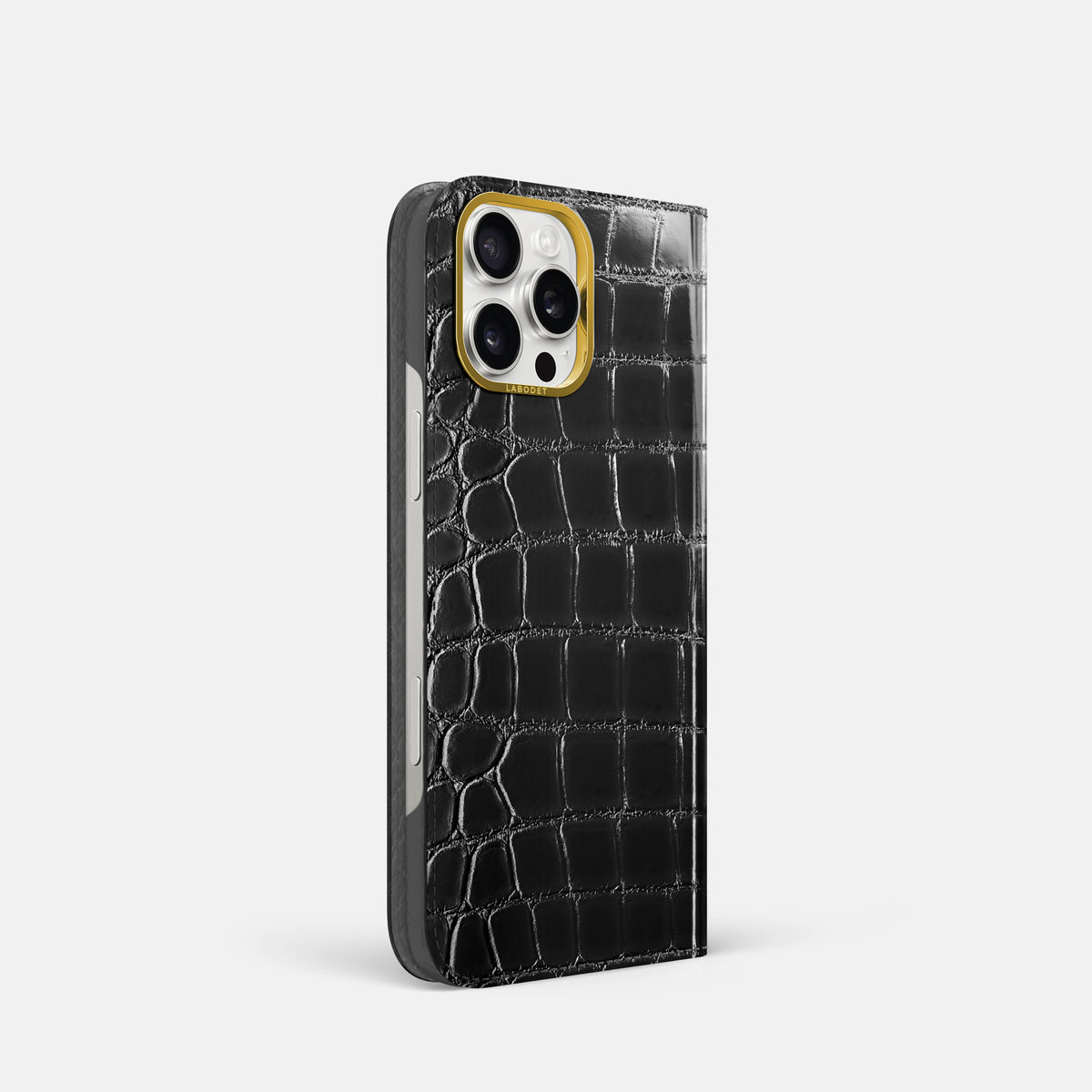 Havana-Black iPhone 16 Pro Folio Magsafe Case Patina Alligator with Gold Metal -1 | Havana-Black-Gold