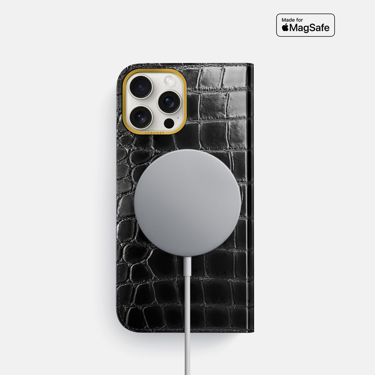 Havana-Black iPhone 16 Pro Folio Magsafe Case Patina Alligator with Gold Metal -3 | Havana-Black-Gold