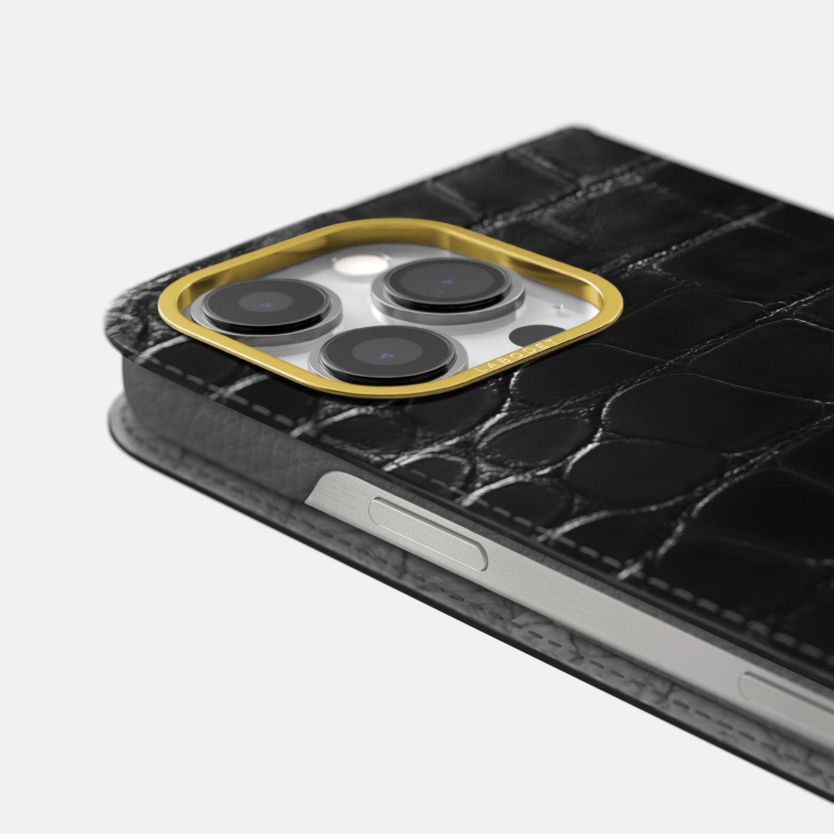 Havana-Black iPhone 16 Pro Folio Magsafe Case Patina Alligator with Gold Metal -5 | Havana-Black-Gold