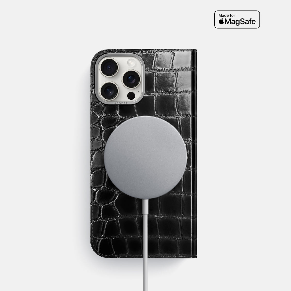 Havana-Black iPhone 16 Pro Folio Magsafe Case Patina Alligator with Steel Metal -3 | Havana-Black-Steel