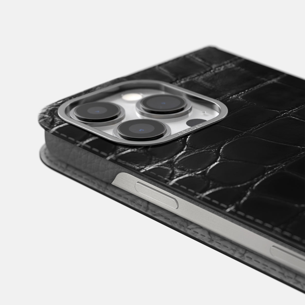 Havana-Black iPhone 16 Pro Folio Magsafe Case Patina Alligator with Steel Metal -5 | Havana-Black-Steel