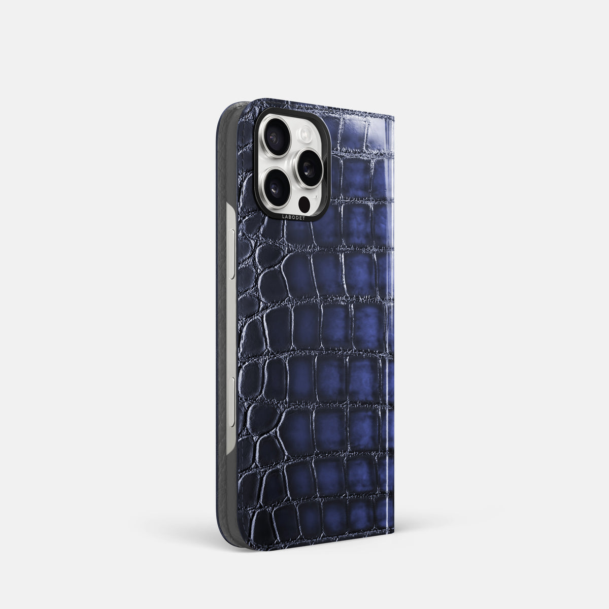 Havana-Blue iPhone 16 Pro Folio Magsafe Case Patina Alligator with Black Metal -1 | Havana-Blue-Black