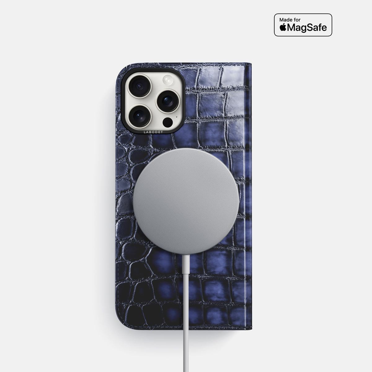 Havana-Blue iPhone 16 Pro Folio Magsafe Case Patina Alligator with Black Metal -3 | Havana-Blue-Black