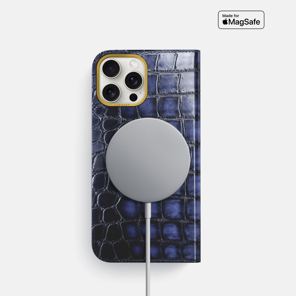 Havana-Blue iPhone 16 Pro Folio Magsafe Case Patina Alligator with Gold Metal -3 | Havana-Blue-Gold