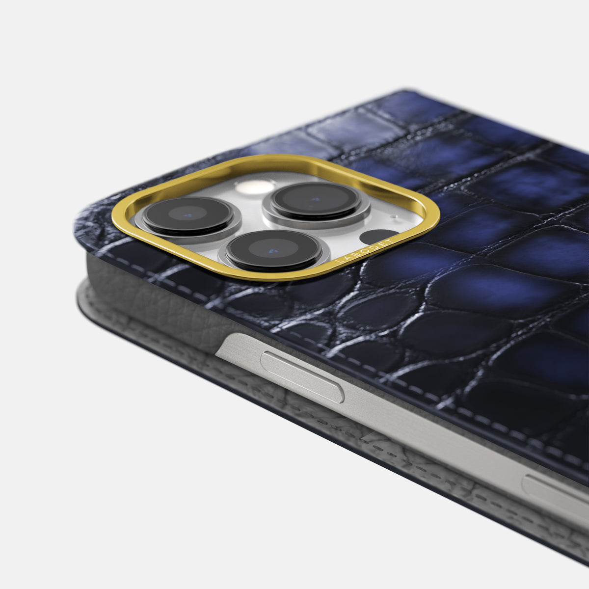 Havana-Blue iPhone 16 Pro Folio Magsafe Case Patina Alligator with Gold Metal -5 | Havana-Blue-Gold