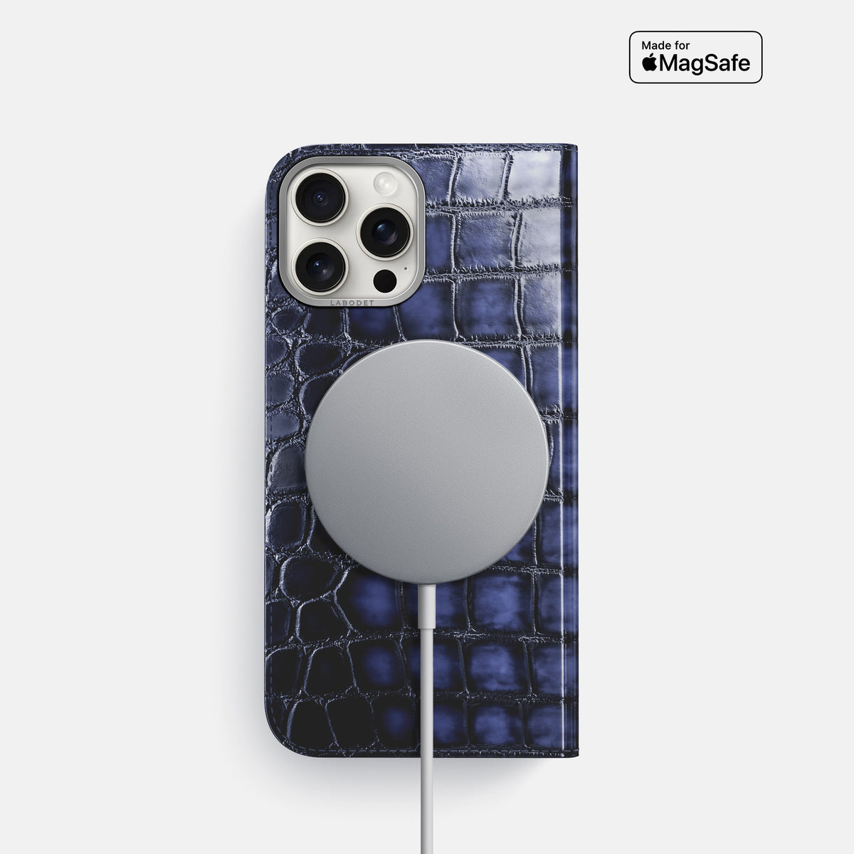 Havana-Blue iPhone 16 Pro Folio Magsafe Case Patina Alligator with Steel Metal -3 | Havana-Blue-Steel