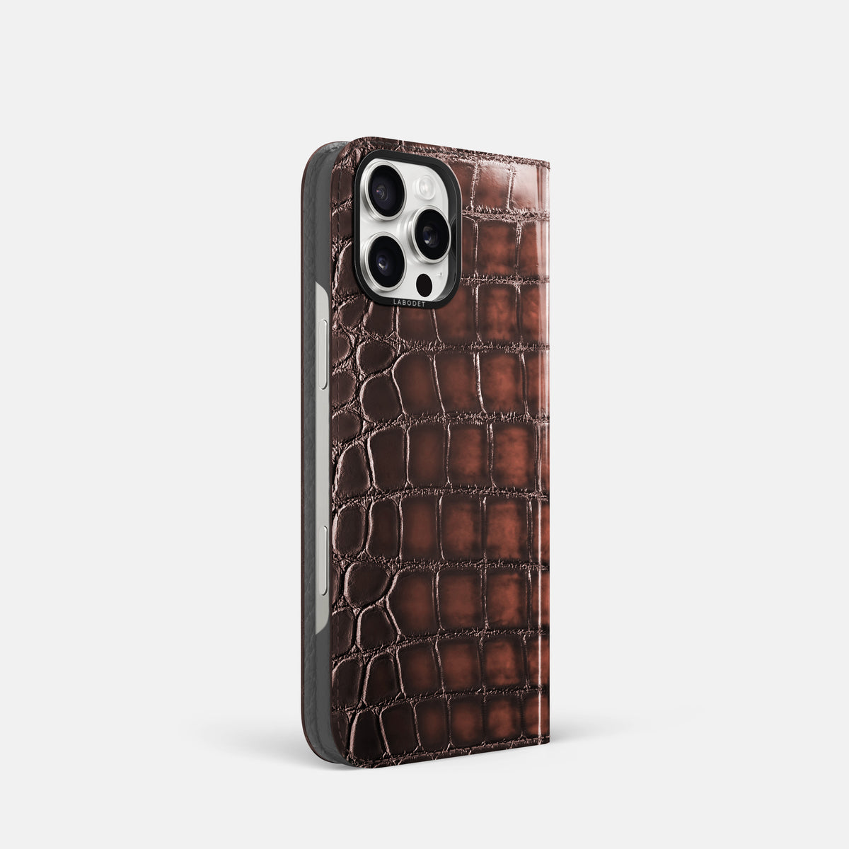 Havana-Brown iPhone 16 Pro Folio Magsafe Case Patina Alligator with Black Metal -1 | Havana-Brown-Black