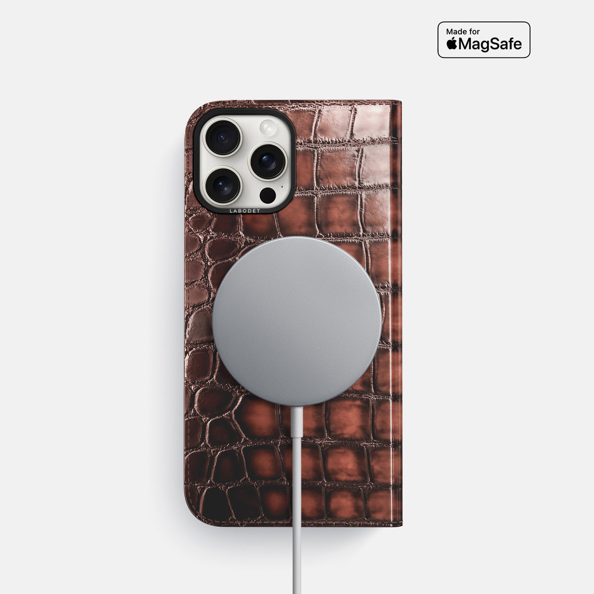 Havana-Brown iPhone 16 Pro Folio Magsafe Case Patina Alligator with Black Metal -3 | Havana-Brown-Black