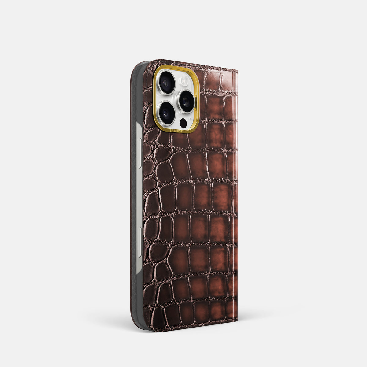 Havana-Brown iPhone 16 Pro Folio Magsafe Case Patina Alligator with Gold Metal -1 | Havana-Brown-Gold