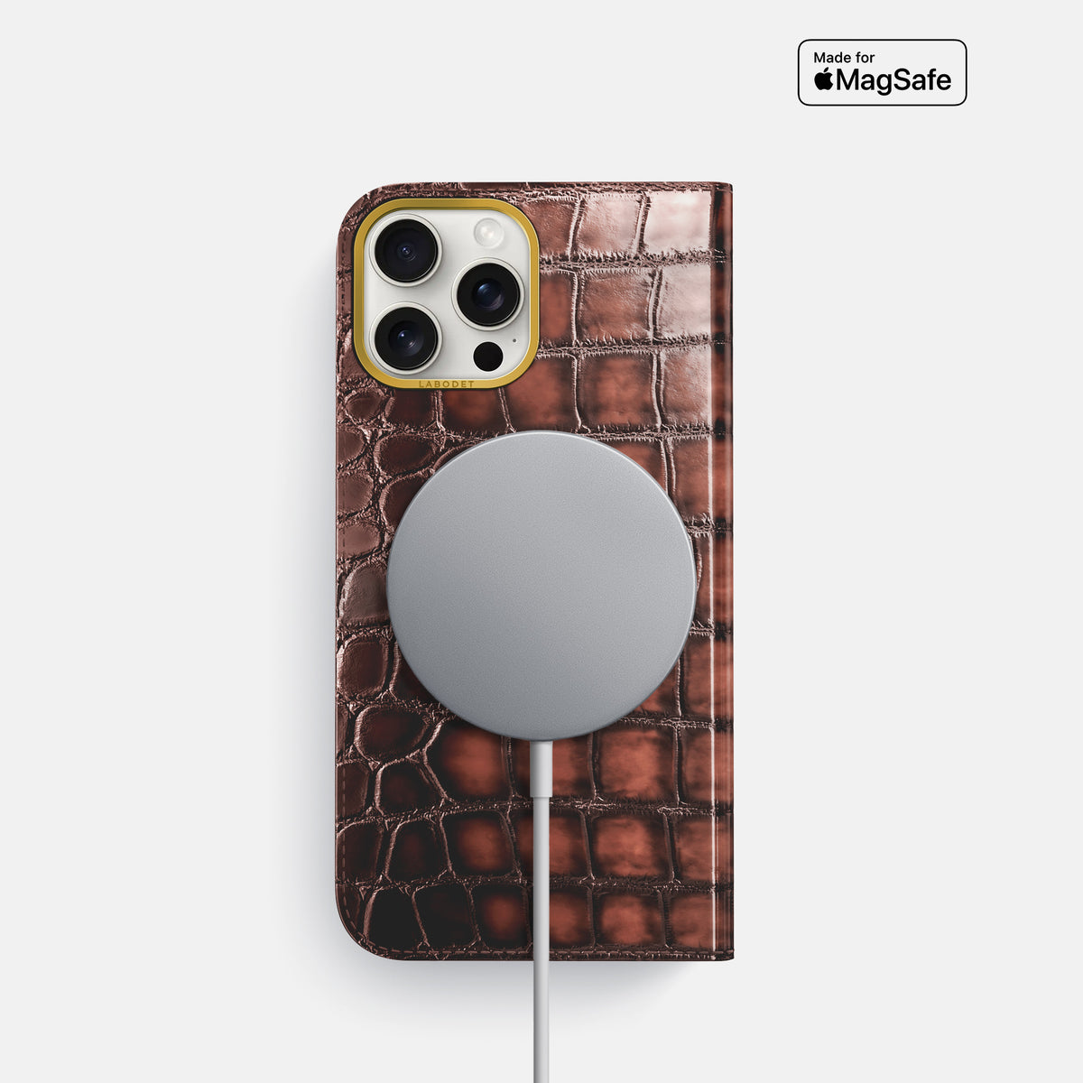 Havana-Brown iPhone 16 Pro Folio Magsafe Case Patina Alligator with Gold Metal -3 | Havana-Brown-Gold