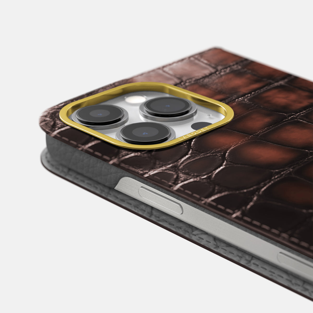 Havana-Brown iPhone 16 Pro Folio Magsafe Case Patina Alligator with Gold Metal -5 | Havana-Brown-Gold