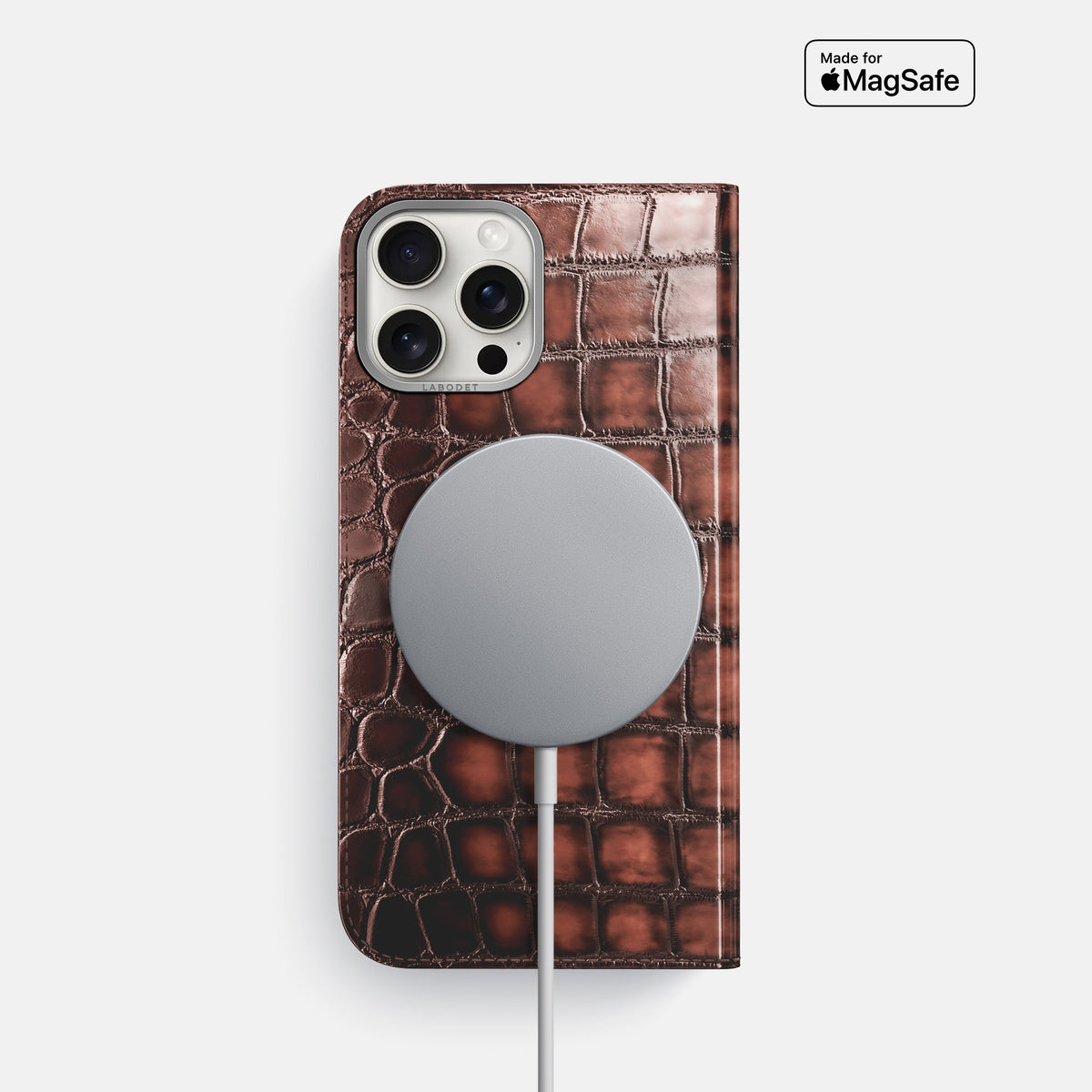 Havana-Brown iPhone 16 Pro Folio Magsafe Case Patina Alligator with Steel Metal -3 | Havana-Brown-Steel