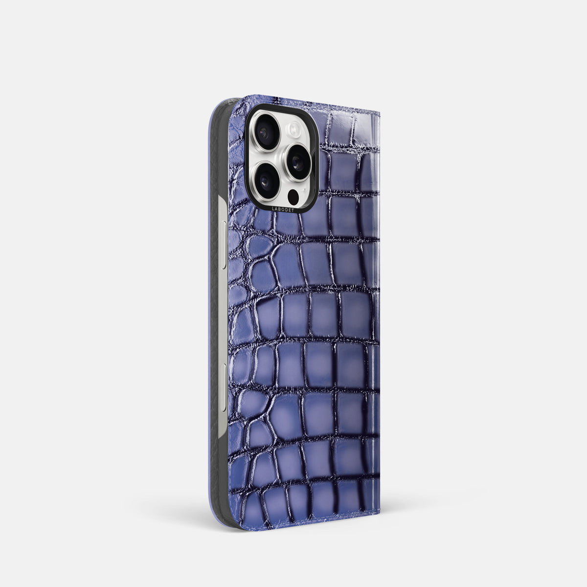 Lilac iPhone 16 Pro Folio Magsafe Case Patina Alligator with Black Metal -1 | Lilac-Black