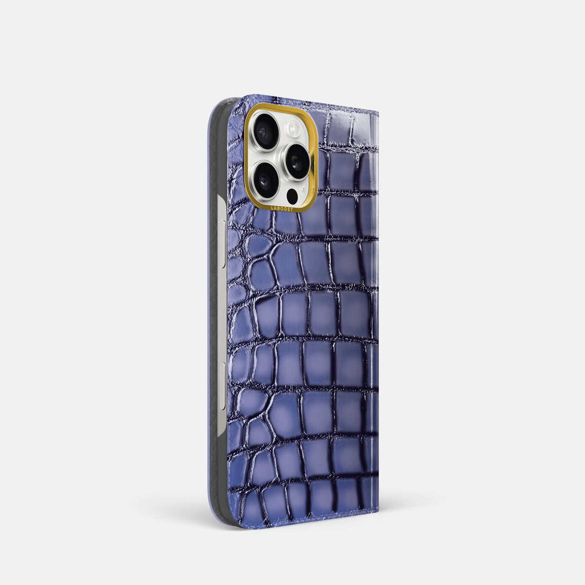Lilac iPhone 16 Pro Folio Magsafe Case Patina Alligator with Gold Metal -1 | Lilac-Gold