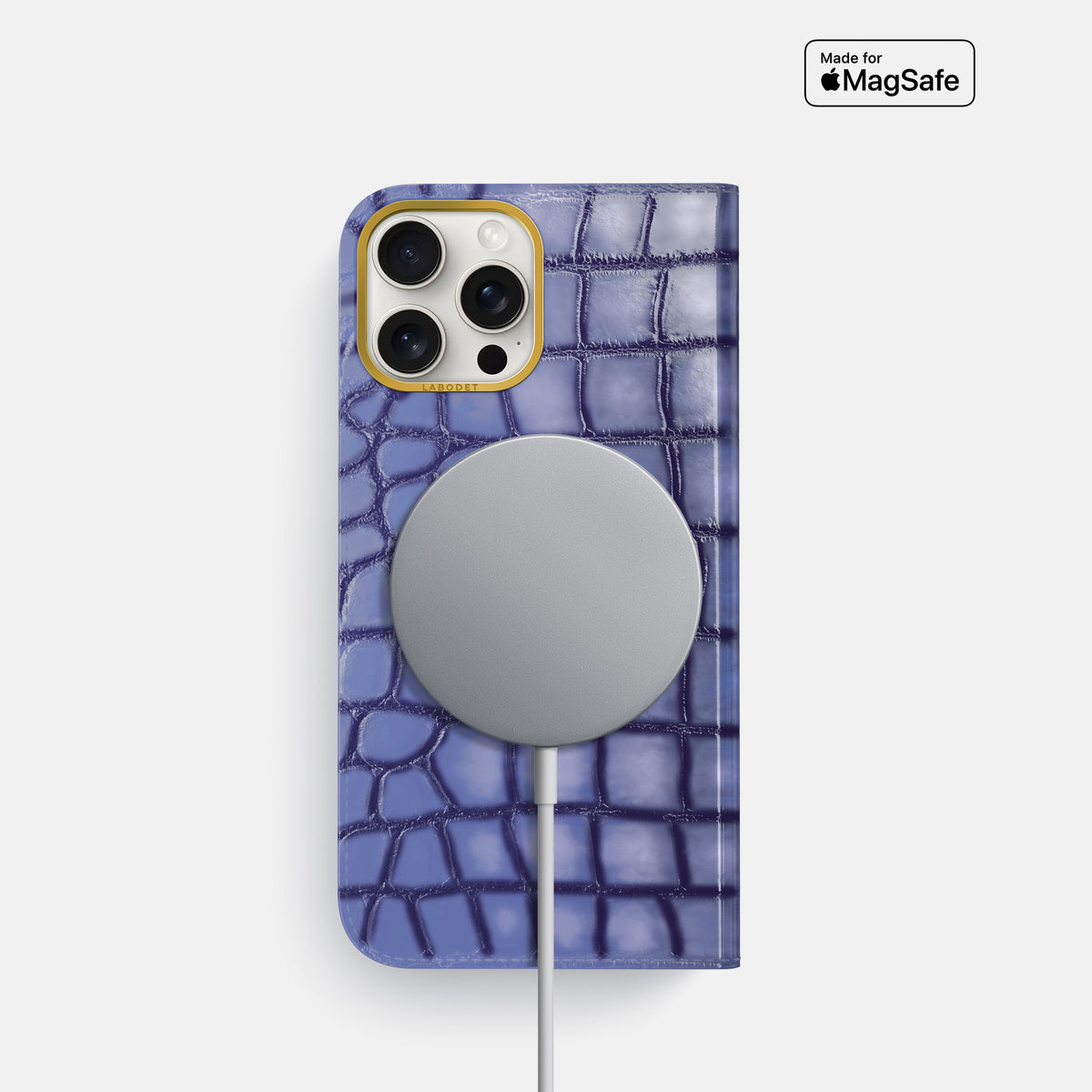 Lilac iPhone 16 Pro Folio Magsafe Case Patina Alligator with Gold Metal -3 | Lilac-Gold