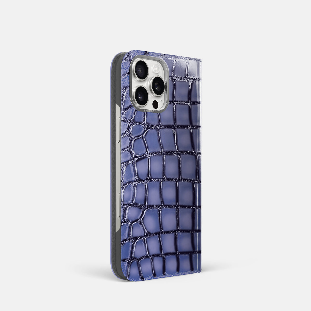 Lilac iPhone 16 Pro Folio Magsafe Case Patina Alligator with Steel Metal -1 | Lilac-Steel
