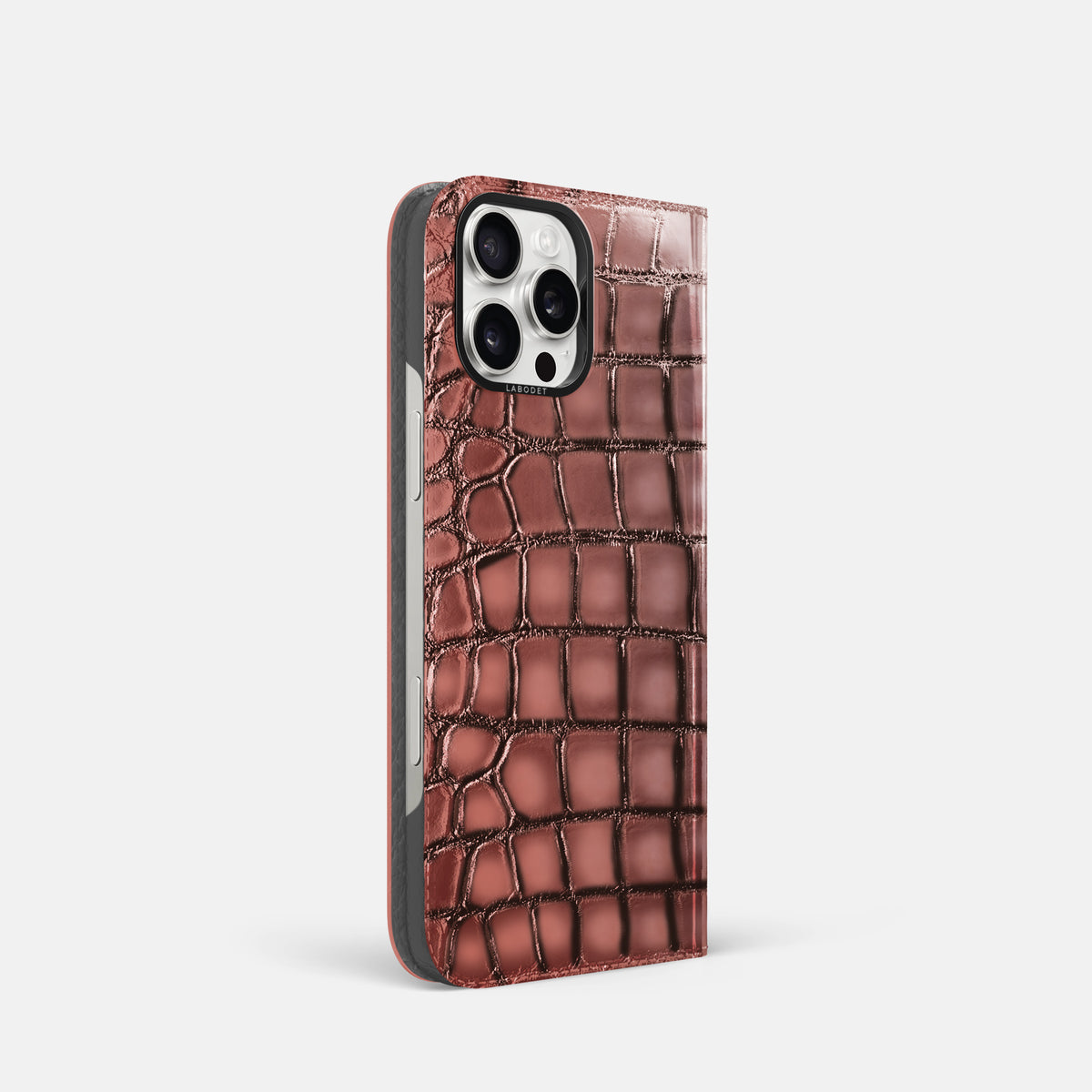 Wine-Sediment iPhone 16 Pro Folio Magsafe Case Patina Alligator with Black Metal -1 | Wine-Sediment-Black