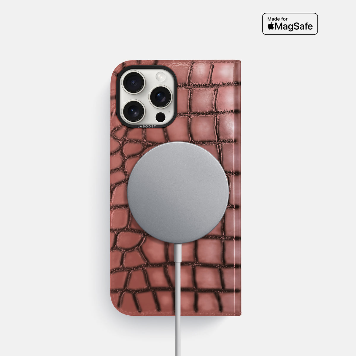 Wine-Sediment iPhone 16 Pro Folio Magsafe Case Patina Alligator with Black Metal -3 | Wine-Sediment-Black