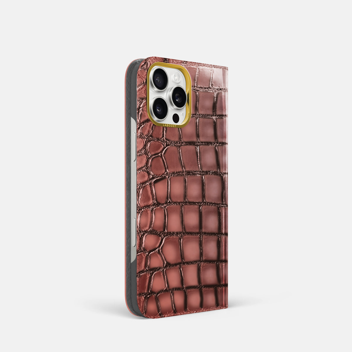Wine-Sediment iPhone 16 Pro Folio Magsafe Case Patina Alligator with Gold Metal -1 | Wine-Sediment-Gold