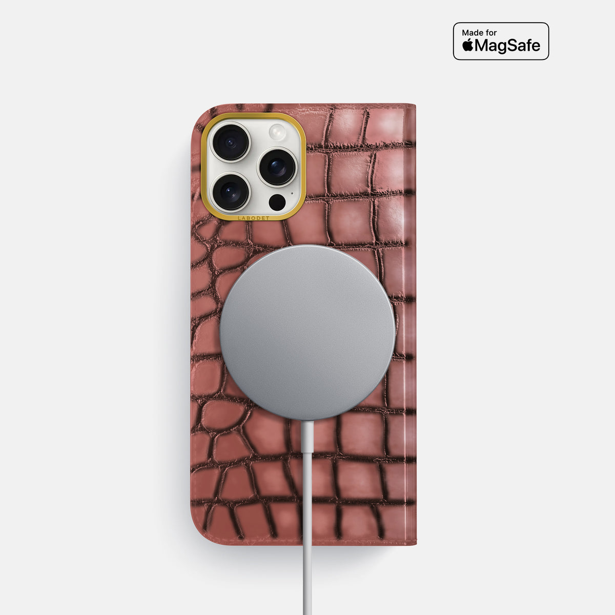 Wine-Sediment iPhone 16 Pro Folio Magsafe Case Patina Alligator with Gold Metal -3 | Wine-Sediment-Gold