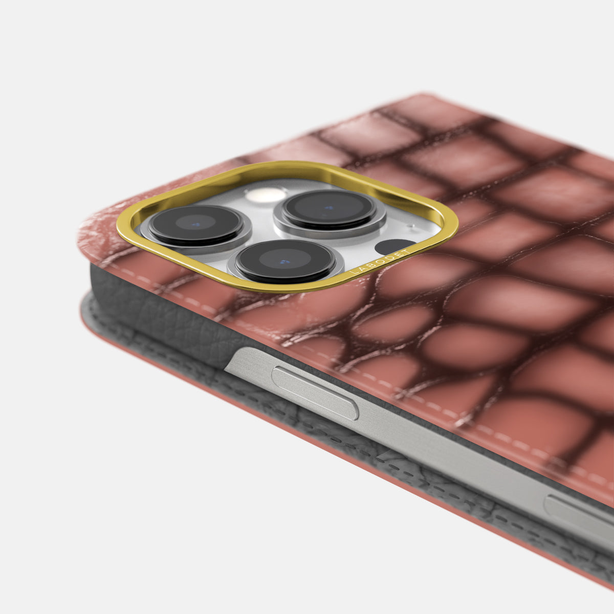 Wine-Sediment iPhone 16 Pro Folio Magsafe Case Patina Alligator with Gold Metal -5 | Wine-Sediment-Gold