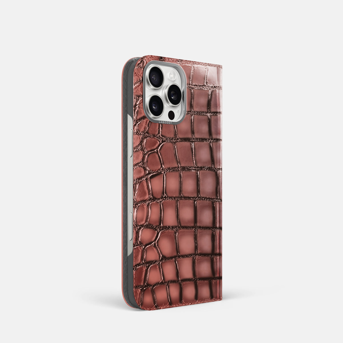 Wine-Sediment iPhone 16 Pro Folio Magsafe Case Patina Alligator with Steel Metal -1 | Wine-Sediment-Steel