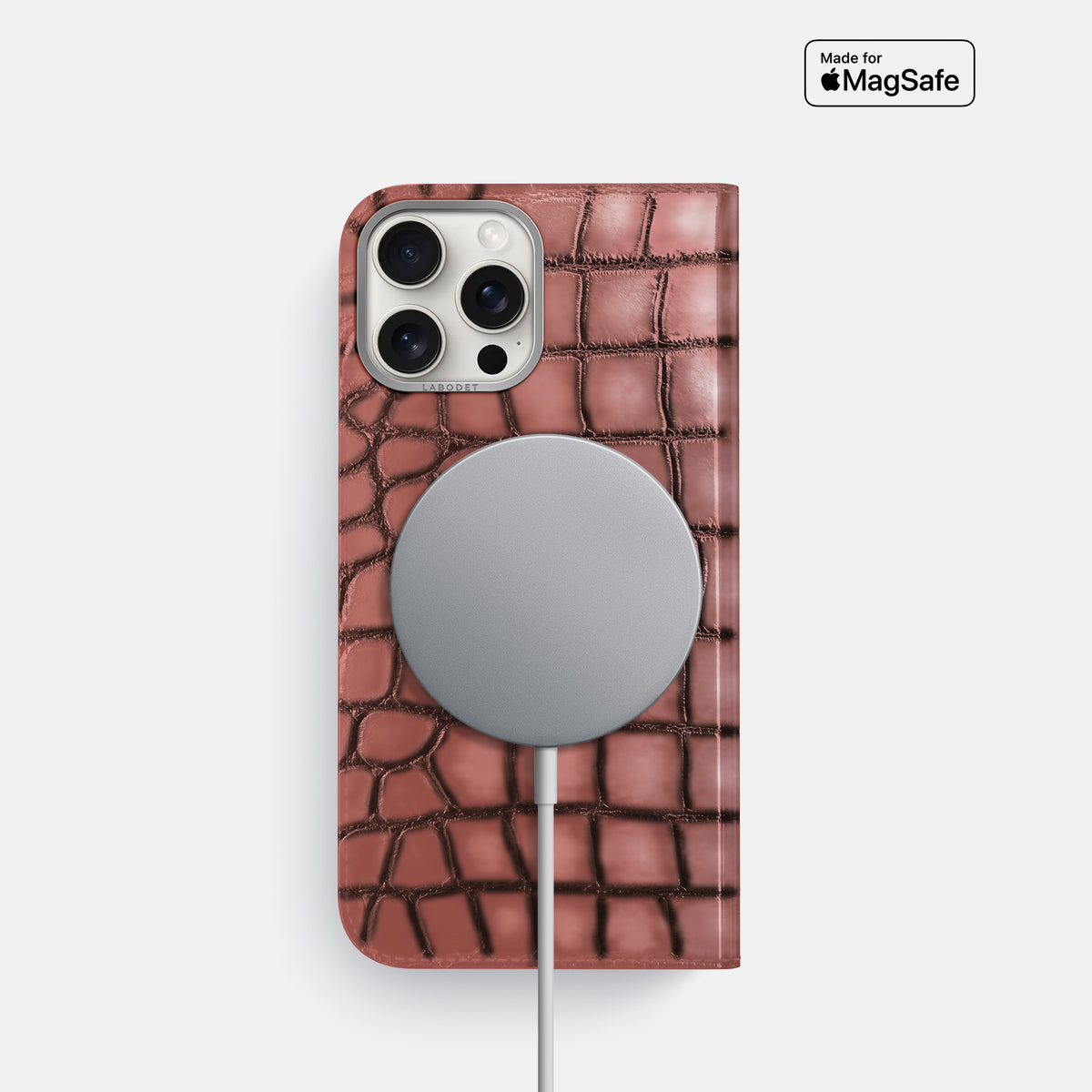 Wine-Sediment iPhone 16 Pro Folio Magsafe Case Patina Alligator with Steel Metal -3 | Wine-Sediment-Steel