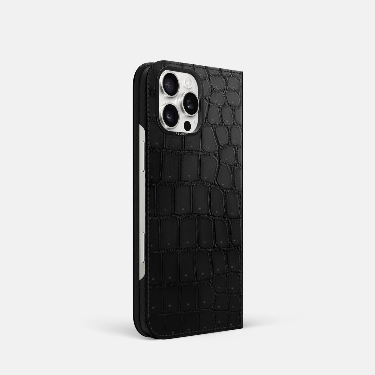 Black iPhone 16 Pro Folio Case Porosus Crocodile with Black Metal -1 | Black-Black