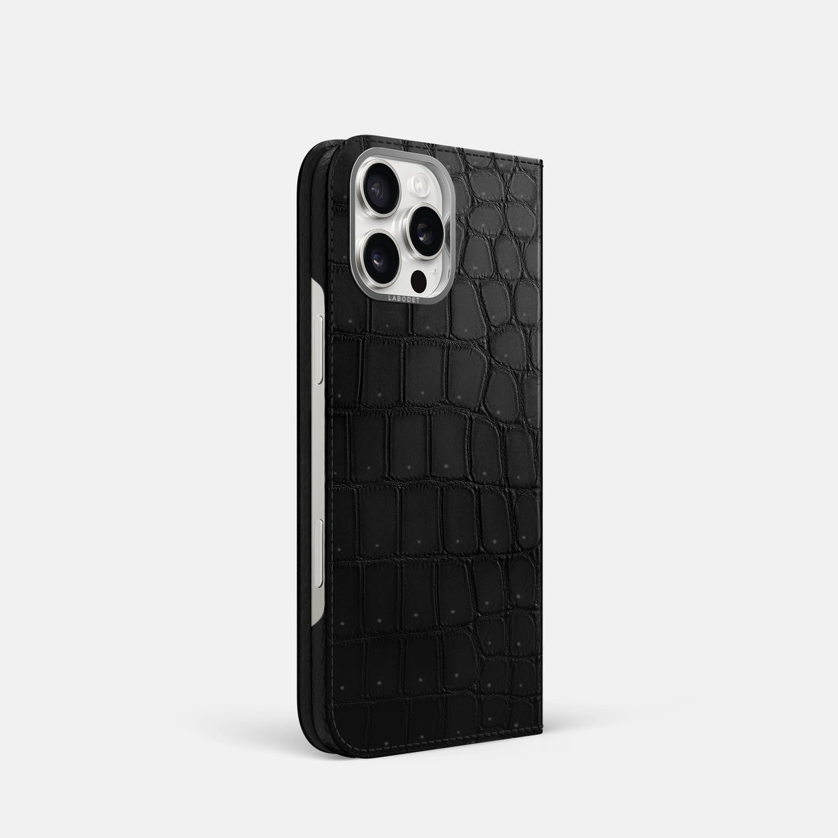 Black iPhone 16 Pro Folio Case Porosus Crocodile with Steel Metal -1 | Black-Steel