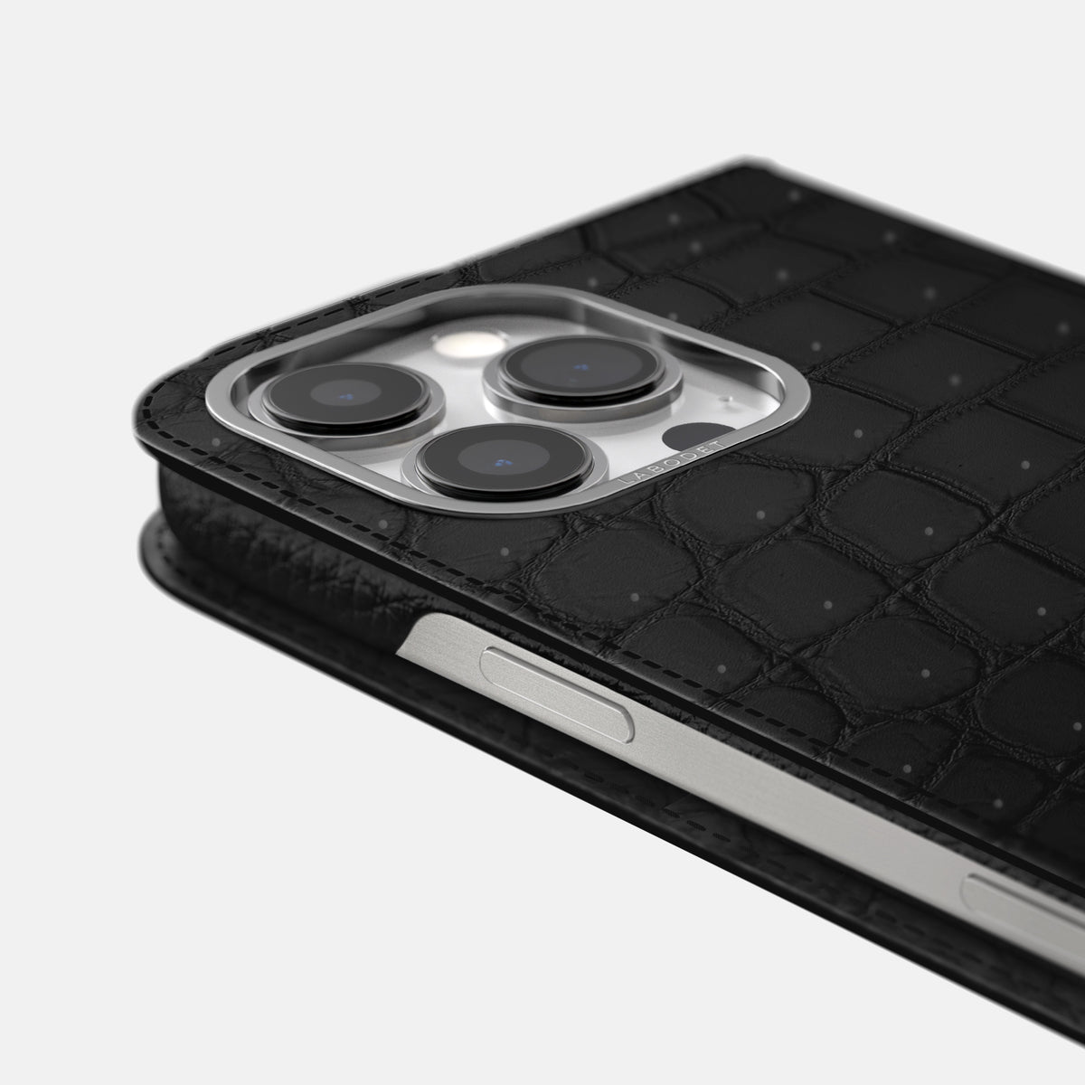 Black iPhone 16 Pro Folio Case Porosus Crocodile with Steel Metal -5 | Black-Steel