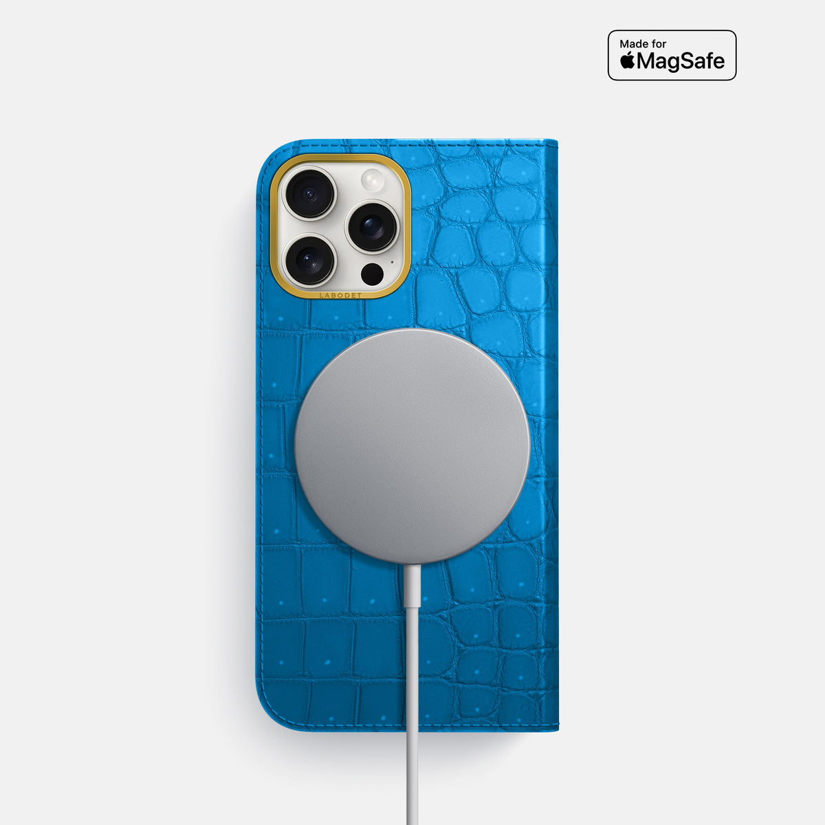 Blue-Lagoon iPhone 16 Pro Folio Case Porosus Crocodile with Gold Metal -3 | Blue-Lagoon-Gold