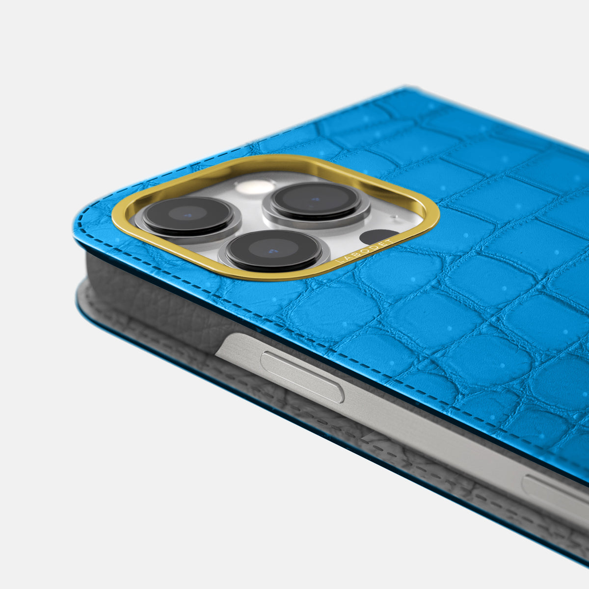 Blue-Lagoon iPhone 16 Pro Folio Case Porosus Crocodile with Gold Metal -5 | Blue-Lagoon-Gold