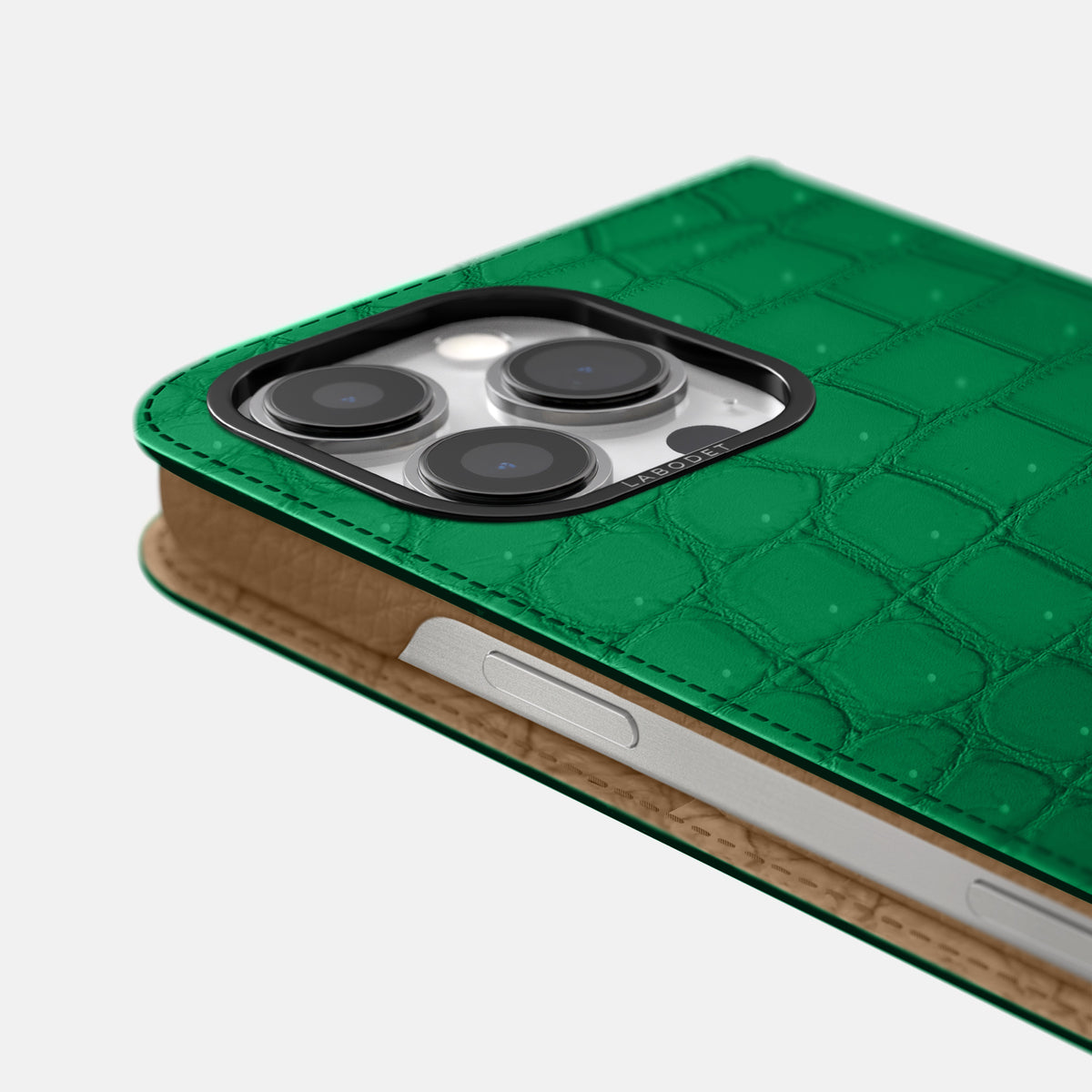 Cactus-Green iPhone 16 Pro Folio Case Porosus Crocodile with Black Metal -5 | Cactus-Green-Black