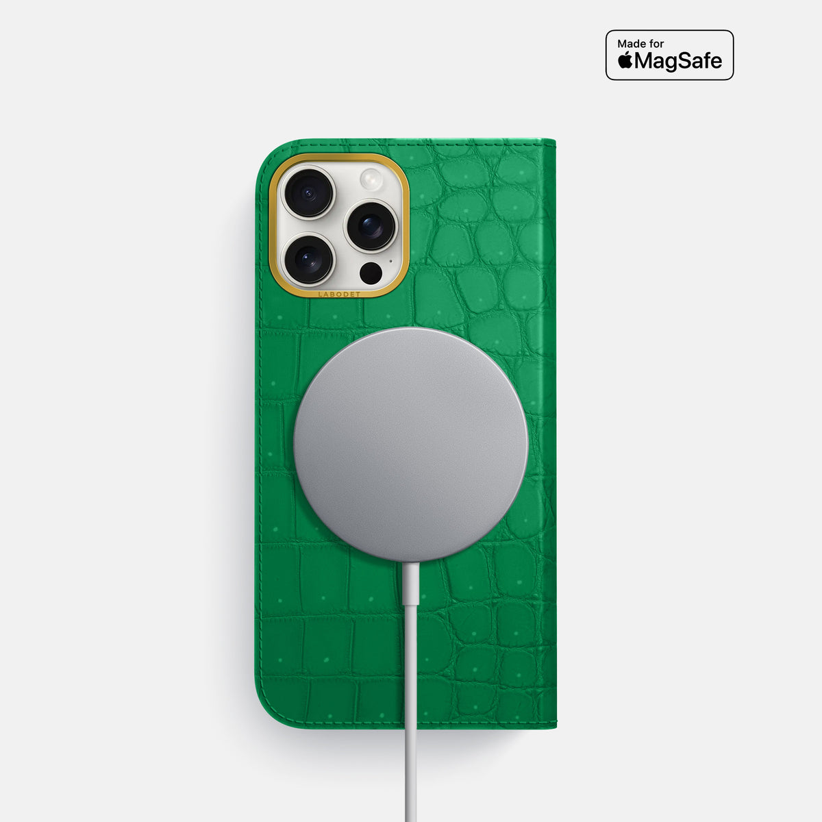 Cactus-Green iPhone 16 Pro Folio Case Porosus Crocodile with Gold Metal -3 | Cactus-Green-Gold
