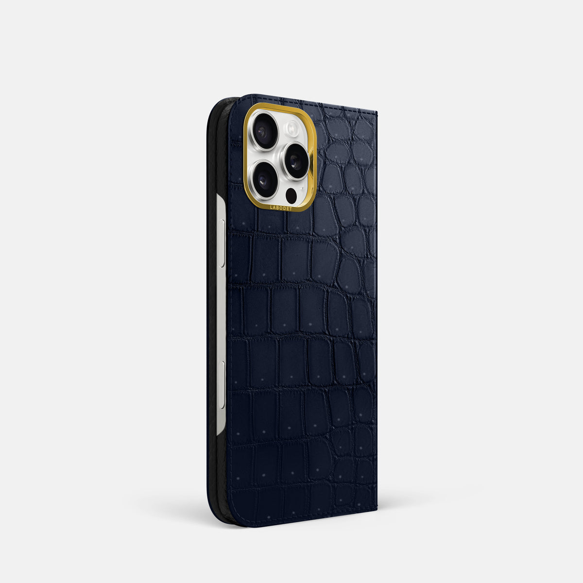 Deep Blue Sea iPhone 16 Pro Folio Case Porosus Crocodile with Gold Metal -1 | Deep-Blue-Sea-Gold
