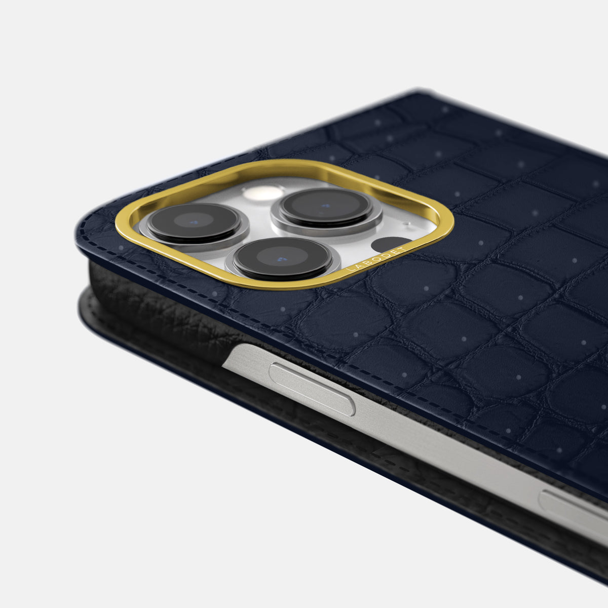 Deep Blue Sea iPhone 16 Pro Folio Case Porosus Crocodile with Gold Metal -5 | Deep-Blue-Sea-Gold