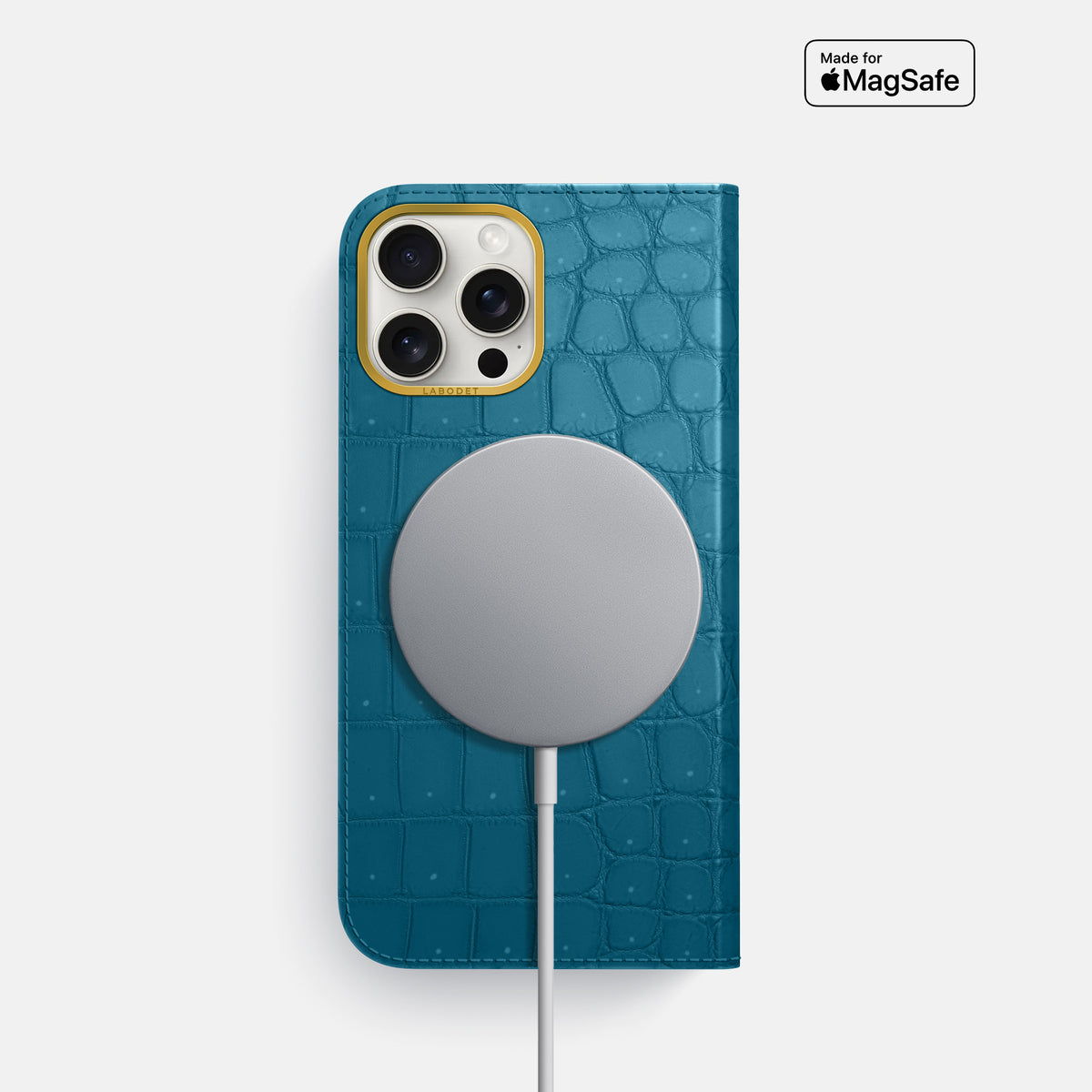 Duck Blue iPhone 16 Pro Folio Case Porosus Crocodile with Gold Metal -3 | Duck-Blue-Gold