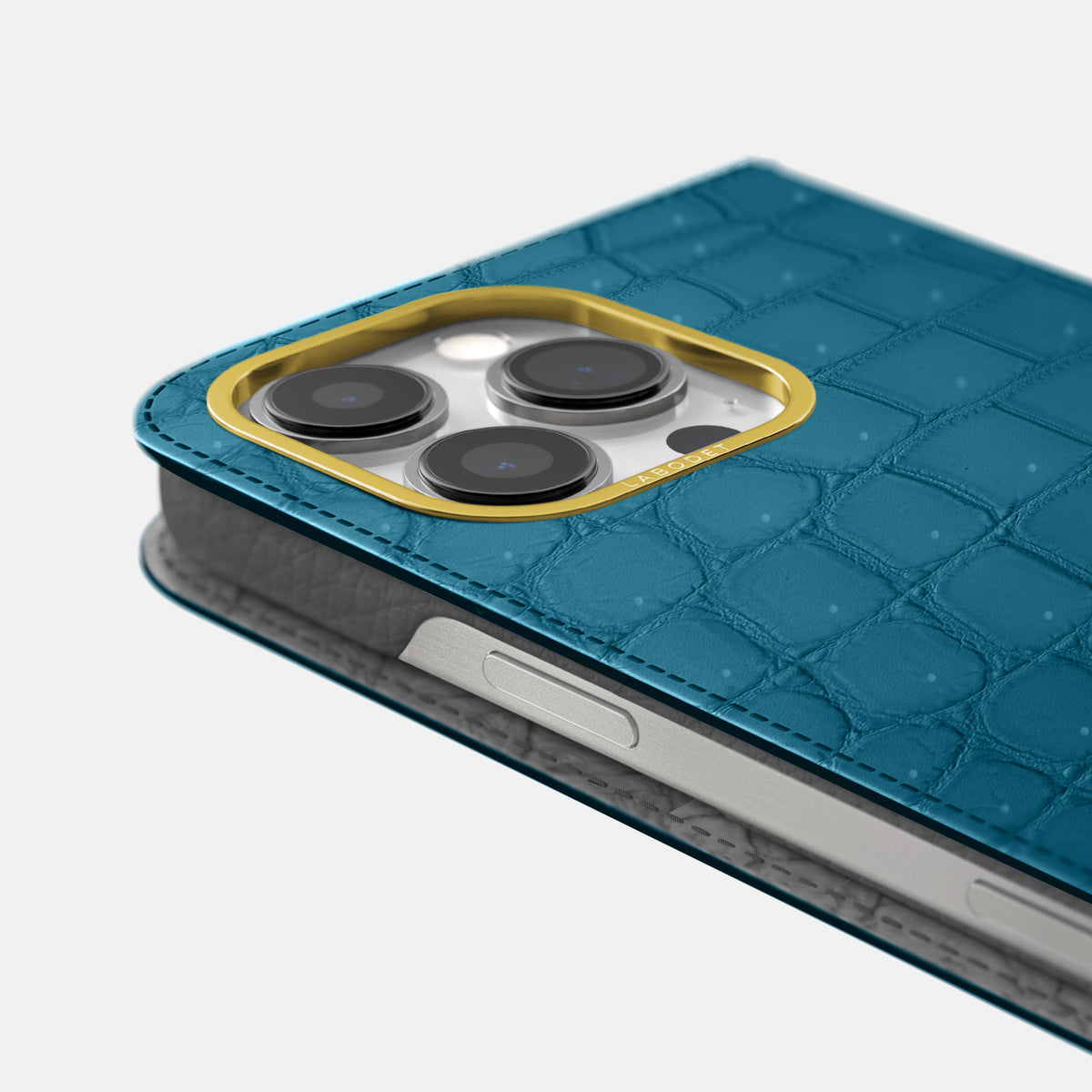 Duck Blue iPhone 16 Pro Folio Case Porosus Crocodile with Gold Metal -5 | Duck-Blue-Gold