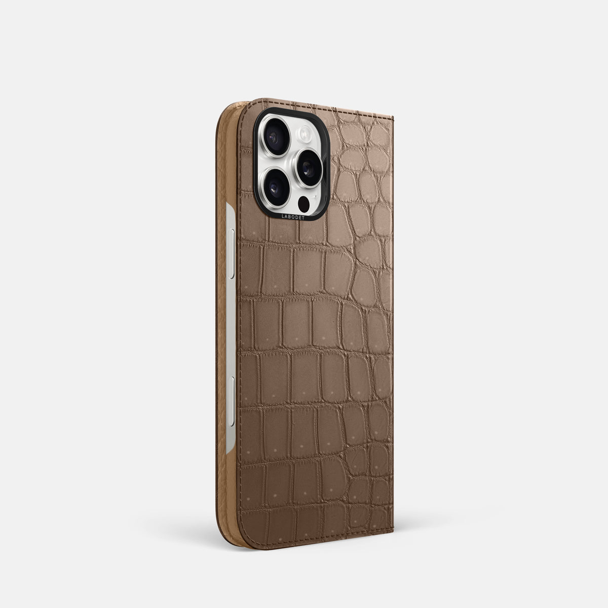 Fur-Brown iPhone 16 Pro Folio Case Porosus Crocodile with Black Metal -1 | Fur-Brown-Black
