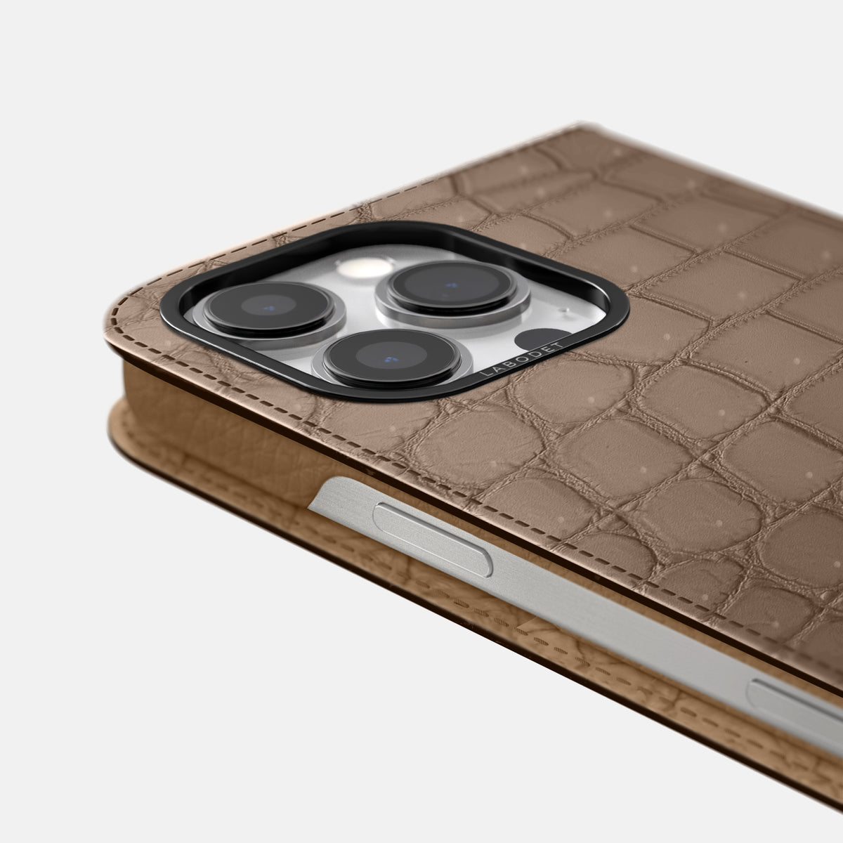 Fur-Brown iPhone 16 Pro Folio Case Porosus Crocodile with Black Metal -5 | Fur-Brown-Black