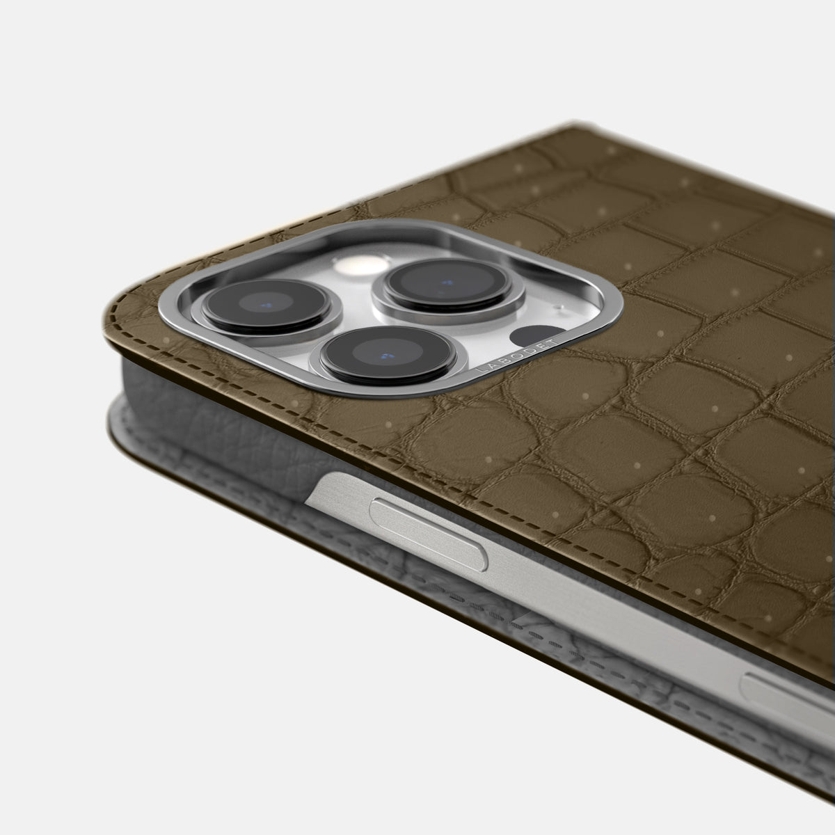 Kaki-Green iPhone 16 Pro Folio Case Porosus Crocodile with Steel Metal -5 | Kaki-Green-Steel