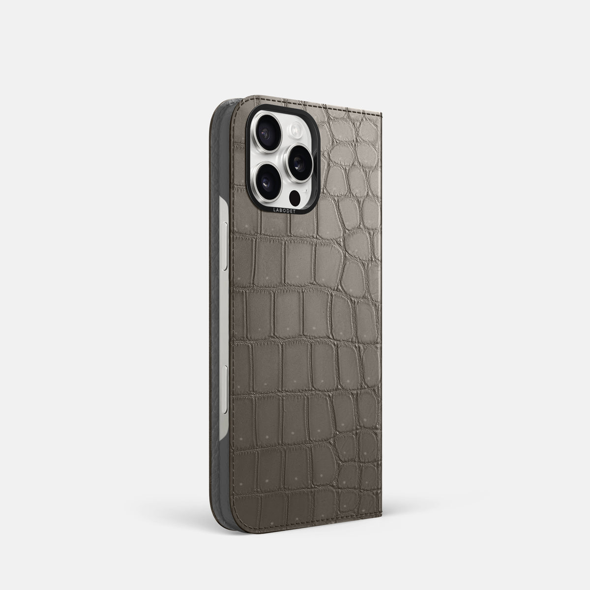 Lava-Stone iPhone 16 Pro Folio Case Porosus Crocodile with Black Metal -1 | Lava-Stone-Black