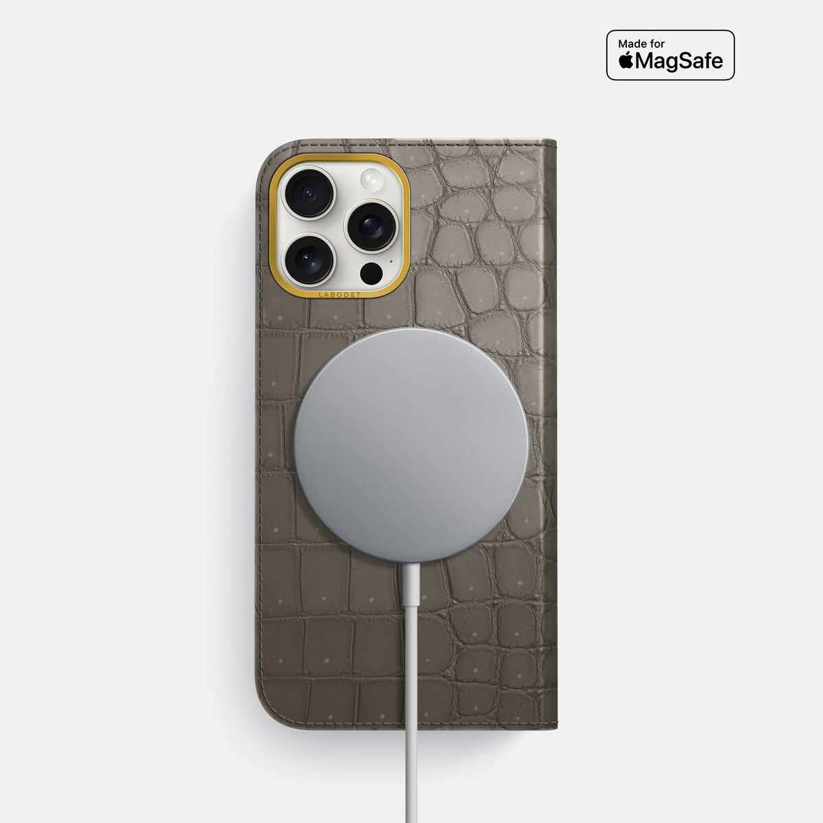 Lava-Stone iPhone 16 Pro Folio Case Porosus Crocodile with Gold Metal -3 | Lava-Stone-Gold