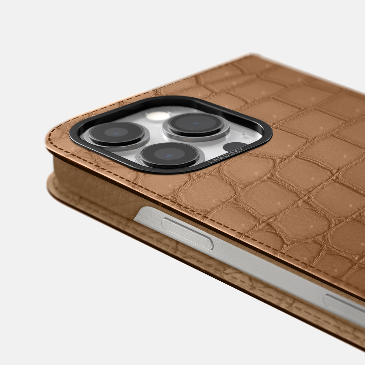 Milk-Chocolate iPhone 16 Pro Folio Case Porosus Crocodile with Black Metal -5 | Milk-Chocolate-Black