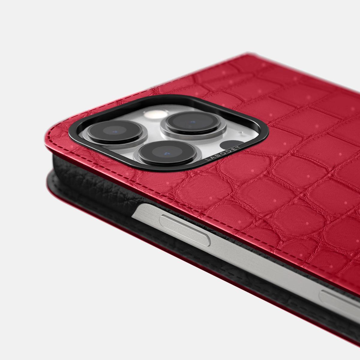 Burgundy iPhone 16 Pro Folio Case Porosus Crocodile with Black Metal -5 | Burgundy-Black