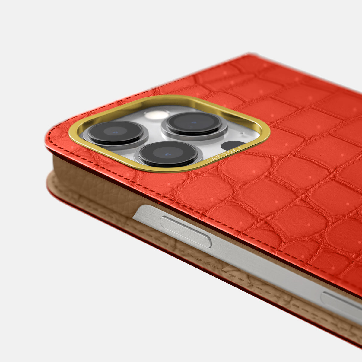 Rust iPhone 16 Pro Folio Case Porosus Crocodile with Gold Metal -5 | Rust-Gold