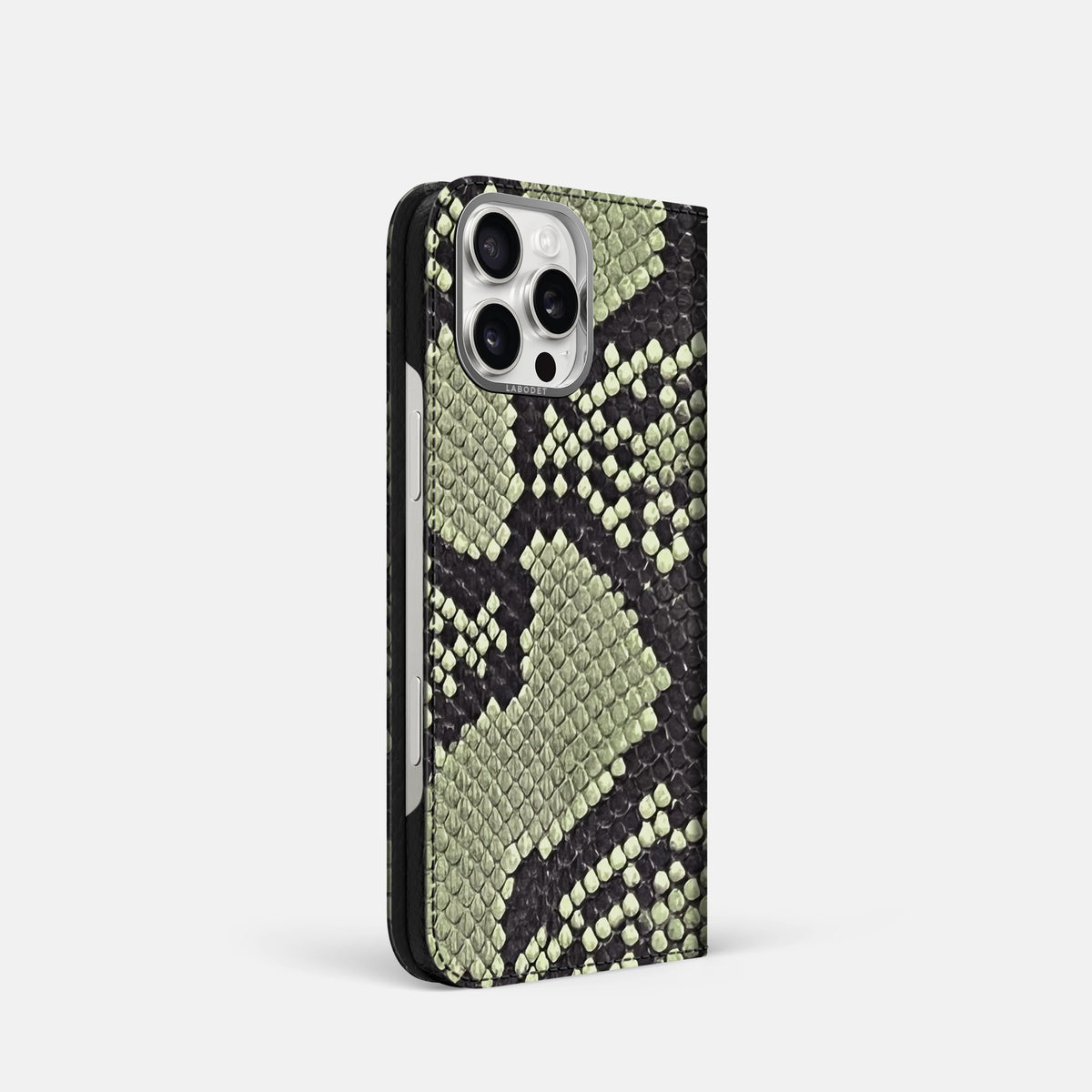 Army Green iPhone 16 Pro Folio Case In Python with Steel Metal -1 | Army-Green-Steel