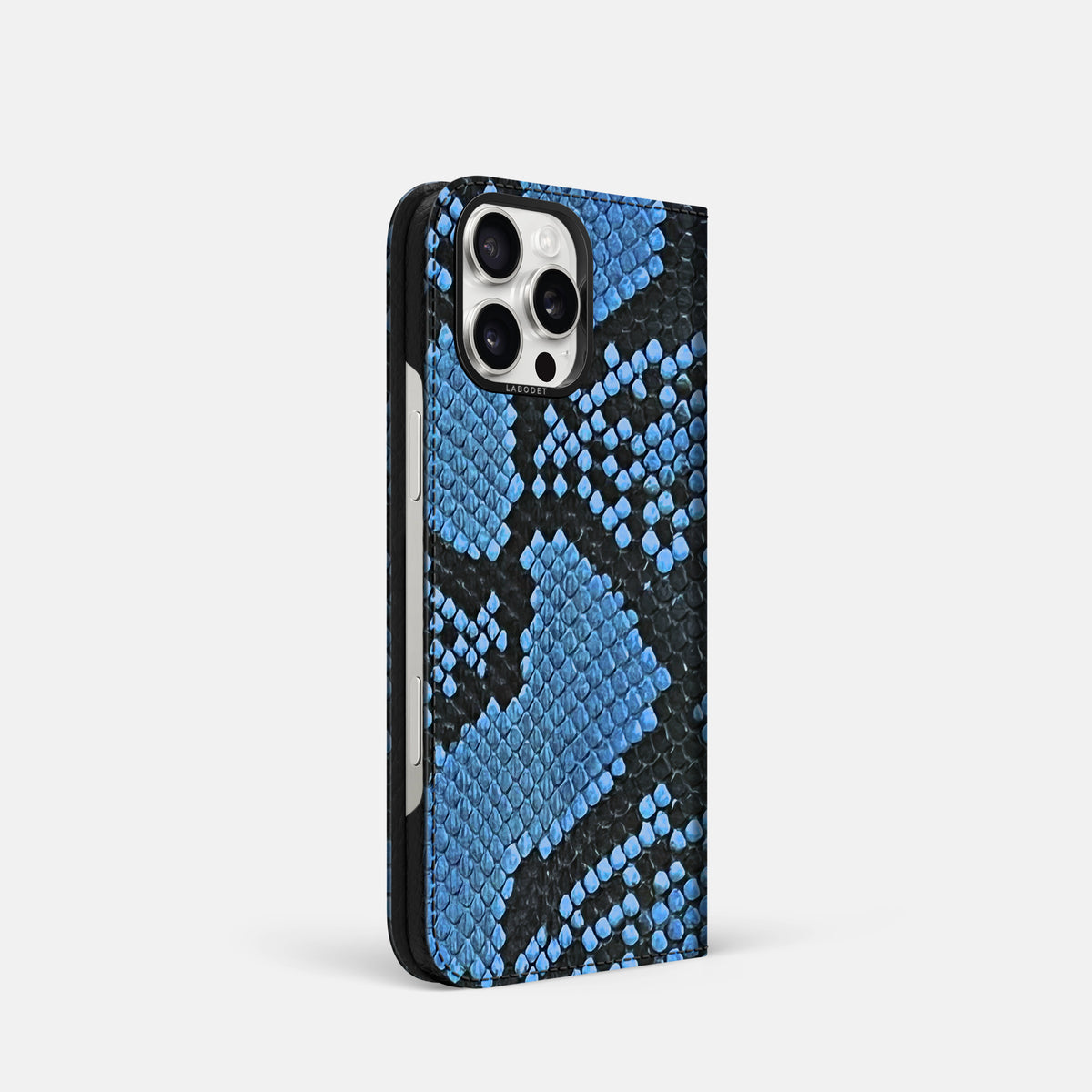 Blue-Jeans iPhone 16 Pro Folio Case In Python with Black Metal -1 | Blue-Jeans-Black